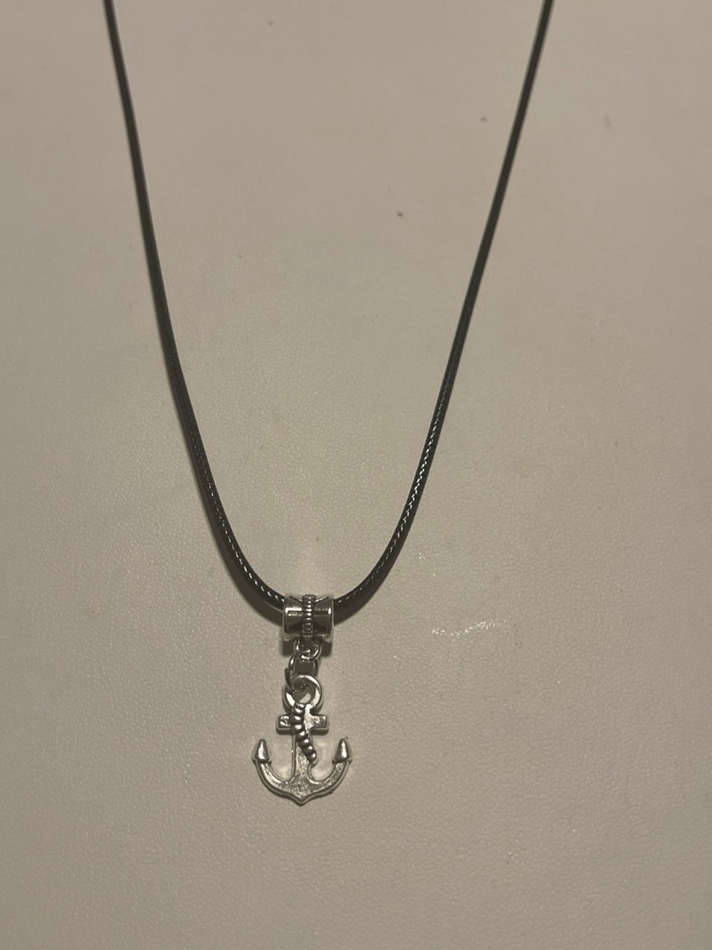 Silver Anchor Pendant Necklace on Black Cord